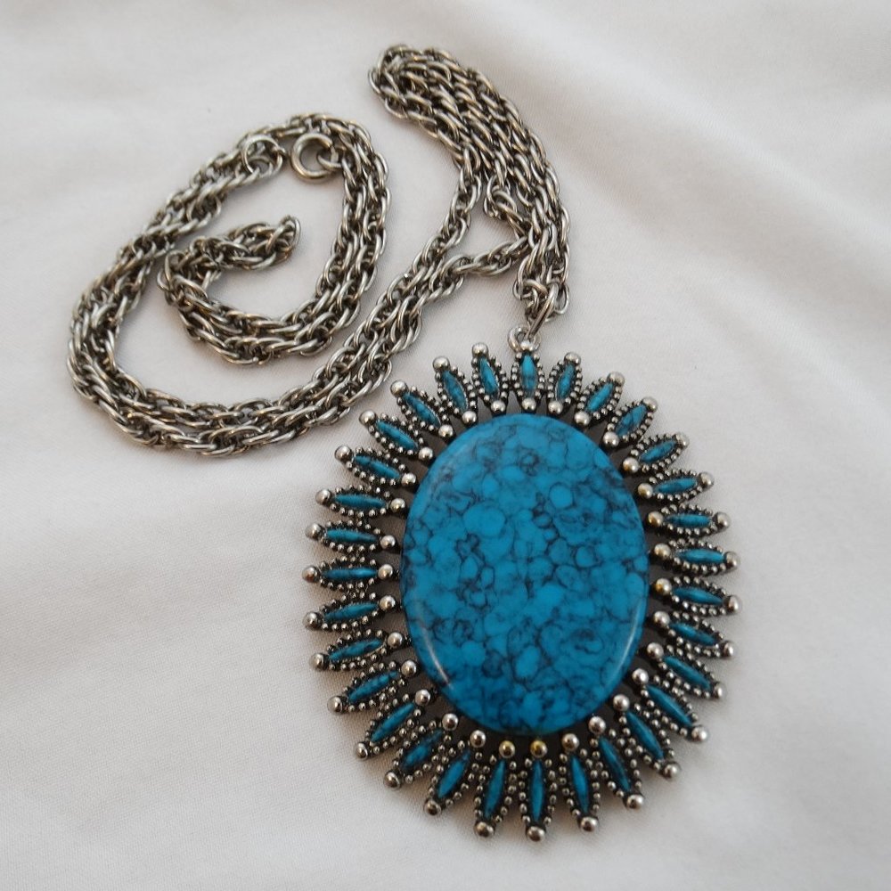 Signed JJ Jonette Vintage Silver Tone Faux Turquoise Southwest Necklace